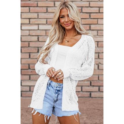 White Solid Open Knit Cardigan