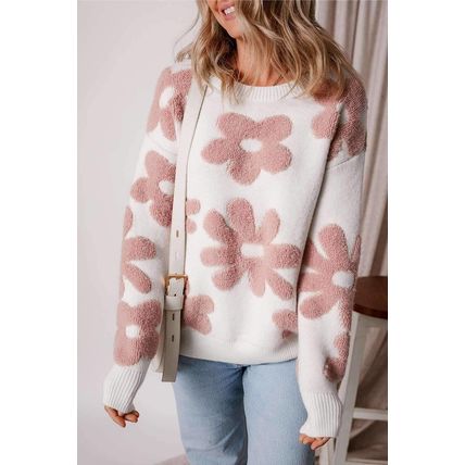 White Textured Flower Drop Shoulder Loose Sweater