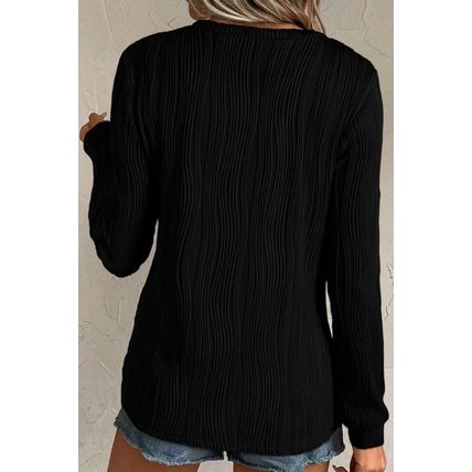 Black Textured Wavy Round Neck Long Sleeve Top