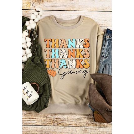 Khaki THANKS giving Leaves Printed Drop Shoulder Sweatshirt