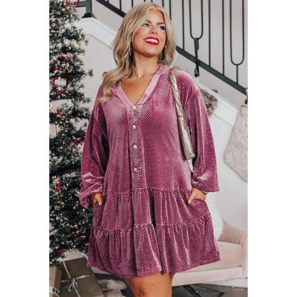 Meadow Mauve Plus Size Textured Velvet Tiered Button V Neck Dress