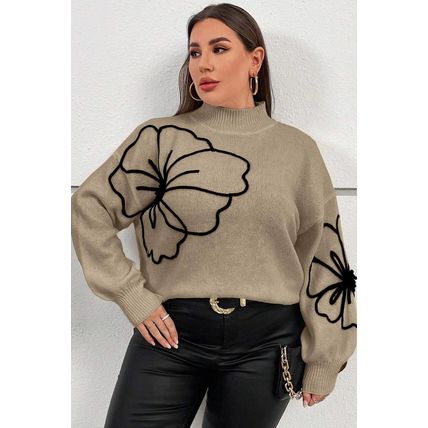 Dark Khaki Plus Size Big Flower Pattern High Neck Drop Shoulder Sweater