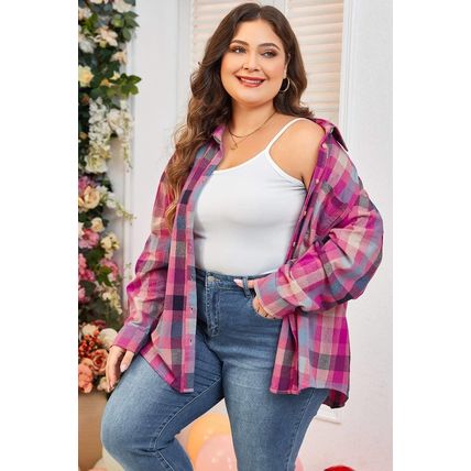 Rose Stripe Plus Size Checkered Print Button up Shirt