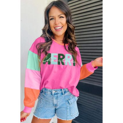 Rose Red Chenille MERRY Christmas Patched Colorblock Long Sleeve Top