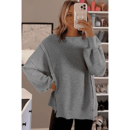 Gray Waffle knit Bishop Sleeve Split Oversized Top