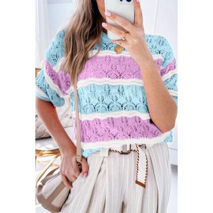 Purple Stripe Color Block Hollow Out Crochet Half Sleeve Sweater