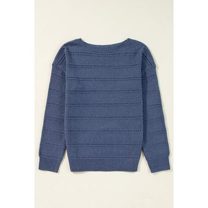 Real Teal Boat Neck Drop Shoulder Pointelle Knit Sweater