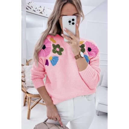 Pink Knitted Flower Pattern Ribbed Edge Sweater