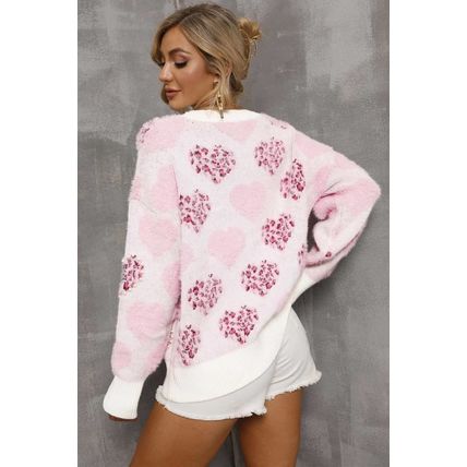 Pink Heart Leopard Print Pearled Ribbed Trim Fuzzy Sweater