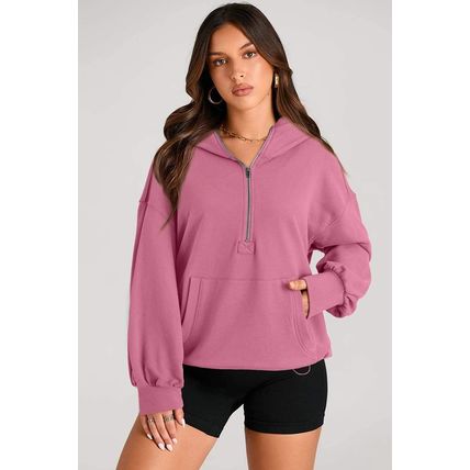 Valerian Solid Kangaroo Pocket Half Zipper Oversized Hoodie