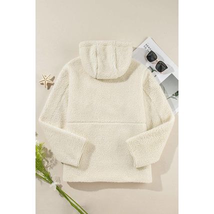 Beige Fleece Zip Up Drawstring Hooded Pocketed Jacket