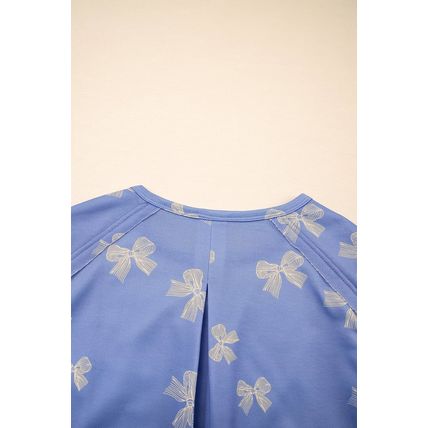 Sky Blue Bow Knot Print Crewneck Ruffled Sleeve Shift Mini Dress