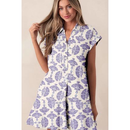 Sky Blue Printed Shirt Collar Half Button A-line Mini Dress