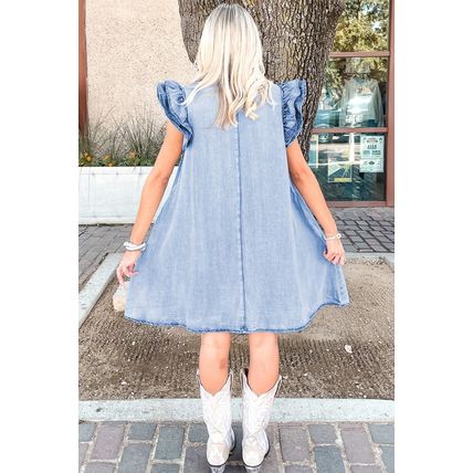 Beau Blue Double Ruffled Sleeves Buttoned A-line Collared Mini Denim Dress