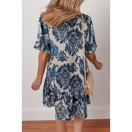 Blue Boho Floral Print Buttoned Collared Loose Fit Mini Dress