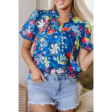 Blue Flower Print Collared V Neck Puff Short Sleeve Loose Blouse