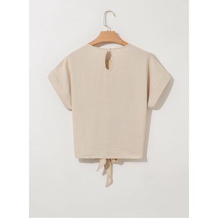 Parchment Solid Color Knotted Hem Short Sleeve Blouse