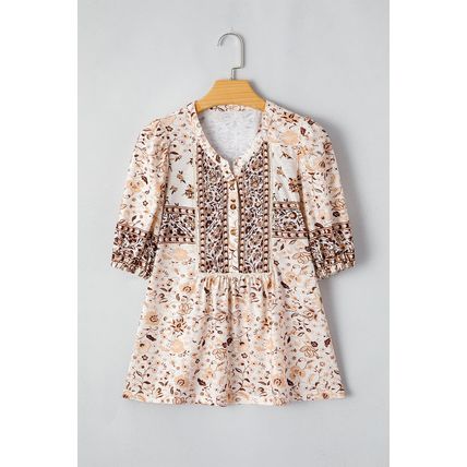 Khaki Boho Floral Print Half Placket Short Sleeve Loose Blouse