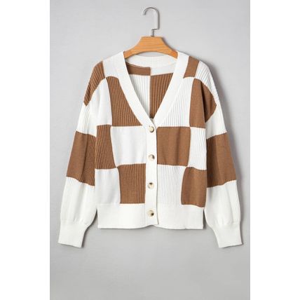Khaki Checkered Pattern Ribbed Detail Button V Neck Sweater Cardigan
