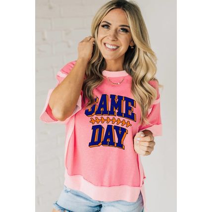 Peach Blossom Raw Seam Patchwork GAME DAY Letter Graphic Loose Tee