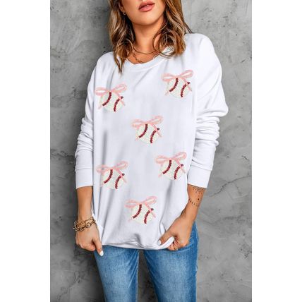 White Sequin Bow Baseball Patched Casual Sweatshirt