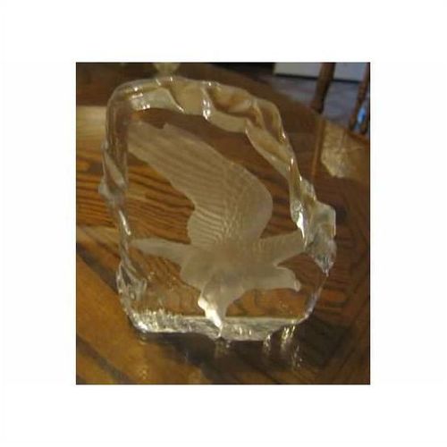 GORGEOUS HEAVY CLEAR GLASS ETCHED AMERICAN EAGLE SHELF PAPER WEIGHT PAPER HOLDER