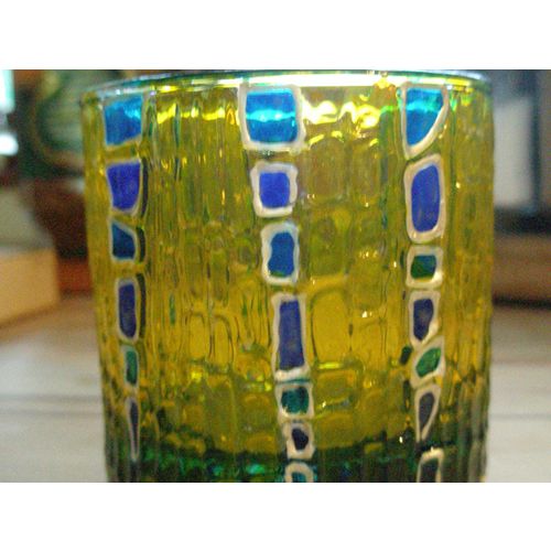 Handpainted Yellow And Blue Decorative Glass