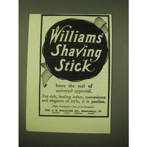 1902 Williams' Shaving Stick Ad - Williams' Shaving stick bears the seal