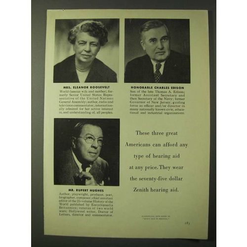 1955 Zenith Hearing Aids Ad - Eleanor Roosevelt, Charles Edison, Rupert Hughes