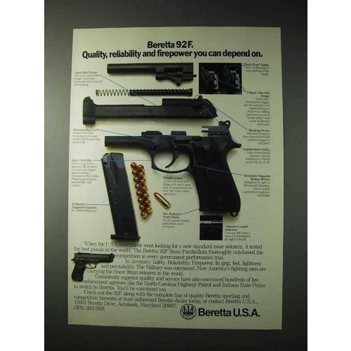 1990 Beretta 92F 9mm Parabellum Pistol Ad - Quality