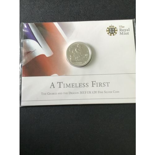 ELIZABETH II ROYAL MINT THREE TWENTY POUNDS FINE SILVER COINS 2013/2014/2015.