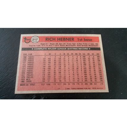 1981 Topps Card # 217 Rich Hebner Very Good-Excellent (4) Detroit Tigers