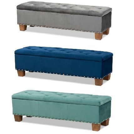 Padded Velvet Ottoman Storage Bed Bench Button-Tufted Nail Head Teal Blue Gray
