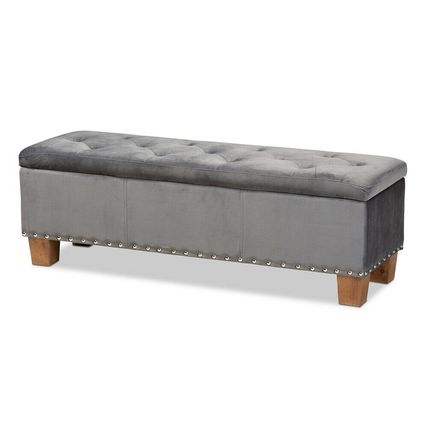Padded Velvet Ottoman Storage Bed Bench Button-Tufted Nail Head Teal Blue Gray