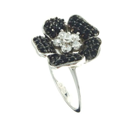 New 925 Sterling Silver Lily Rose Fashion Jewelry Flower Ring Black & White CZ