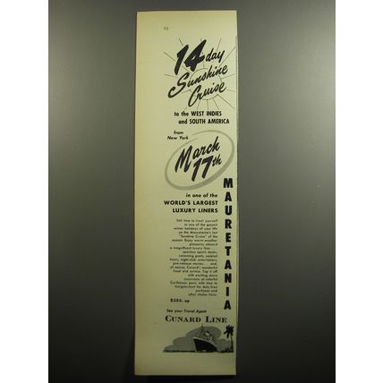 1951 Cunard Line Cruise Ad - 14 Day sunshine cruise to the west indies