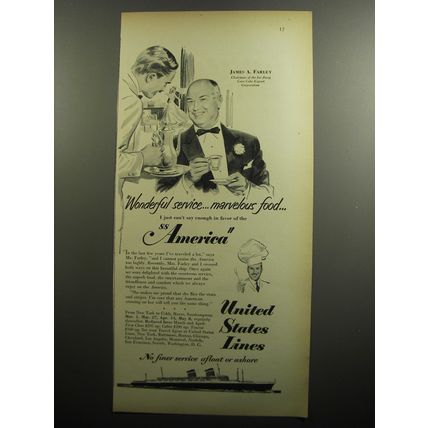 1951 United States Lines Cruise Ad - James a Farley Chairman of Coca-Cola