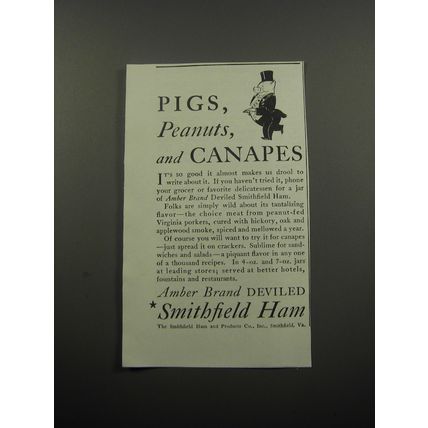 1933 Smithfield Ham Ad - Pigs, peanuts, and canapes