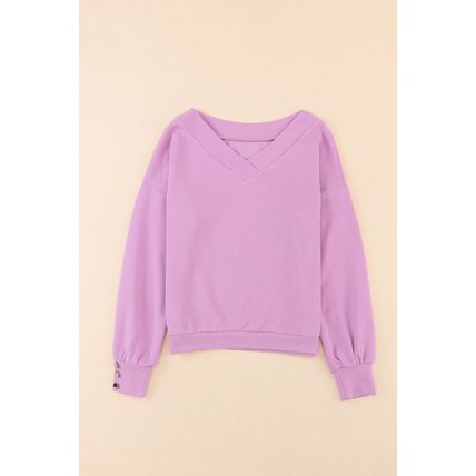 Purple Knitted V Neck Buttoned Cuffs Sweater