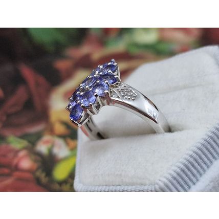 Natural Tanzanite Zircon Rhombus Cluster Ring Sz P½ Platinum Overlay 925 Silver