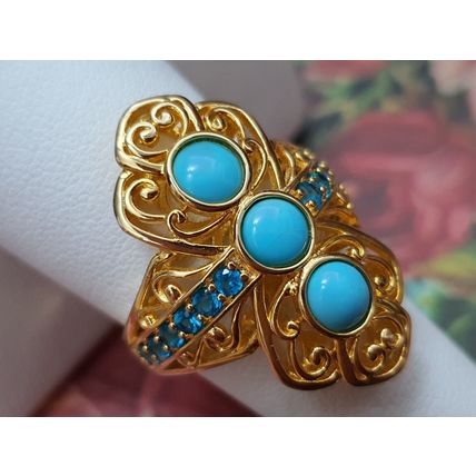 Arizona Sleeping Beauty Turquoise Neon Apatite Ring Sz R 14k Gold Overlay Silver