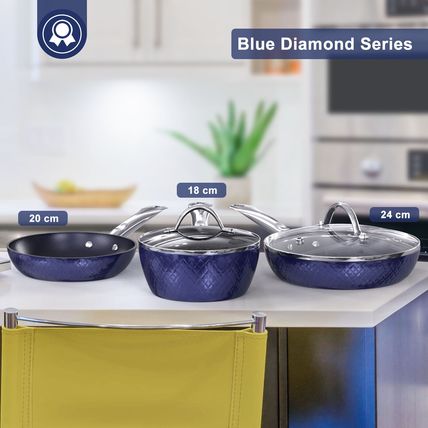 3D Sets Non Stick 3 Pieces Blue Diamond Cookware Less Oil