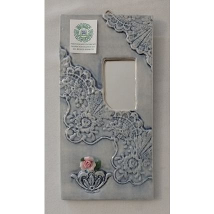 SMALL LIGHT BLUE PORCELAIN TILE MIRROR with IMPRESSED LACE and 3D ROSE