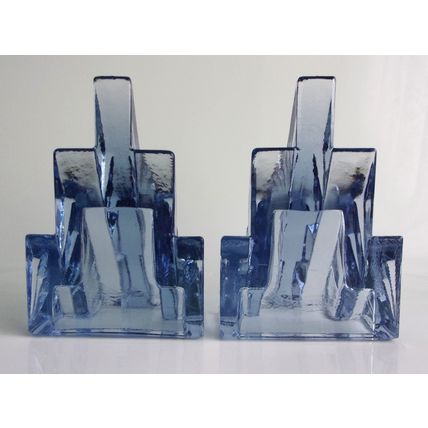 Rare Bagley Art Deco Blue Glass 'Wyndham' Book Ends Pair (Issues).