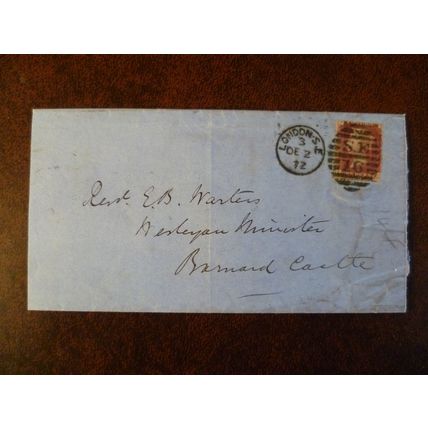 1872 GB QV 1d Red stamp II Plate 144 cover Rev Warters Wesleyan Barnard Castle