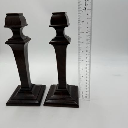 Early 20th Century Walnut Veneer Wood Pedestal Candlesticks Pair Red Velvet 10”
