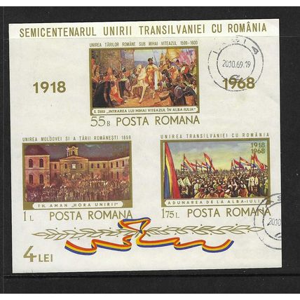 ROMANIA 1968 50th ANNIV UNION OF TRANSYLVANIA SHEET USED / CTO SG MS3009