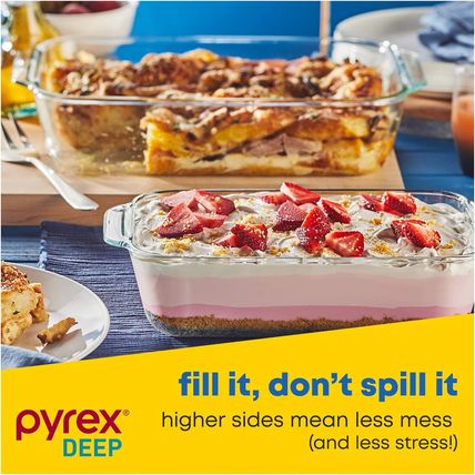 Pyrex Deep 3-Pack Glass Baking Dish Set (9"X13", 7"X11", 8"X8") with Bpa-Free Li