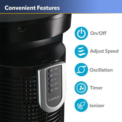 Lasko Oscillating Tower Fan, Remote Control, Ionizer, 3 Speeds, Timer, for Bedro