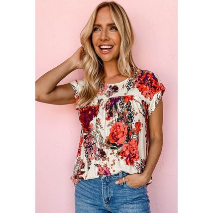 Red Floral Short Sleeve Round Neck Blouse